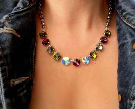 Anna Wintour Choker Chain Necklace w/ Swarovski Rivoli Crystals in Rhodium 12mm - £63.86 GBP