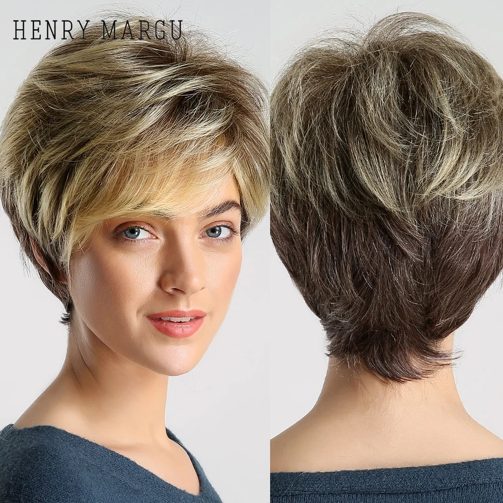 HENRY MARGU Dark Root Ombre Brown Blonde Short Hair Wigs Fluffy Pixie C - £22.63 GBP+