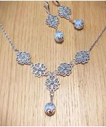 Opal silver flower jewelry set Moonstone jewelry set Victorian set neckl... - $52.00