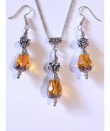 Amber crystal Silver jewelry set amber tone teardrop glass faceted beads... - $52.00