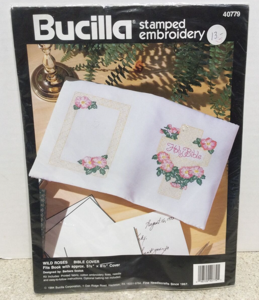 Primary image for Vtg Bucilla Stamped Embroidery 40779 Wild Roses Bible Cover