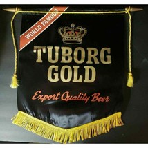 Tuborg gold beer adv fringed silk banner &amp; wood hangar braided tassled r... - £19.12 GBP