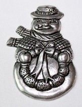 Vintage Pewter Snowman Christmas Ornament Wearing Hat Pipe Scarf Holding Wreath - £7.77 GBP