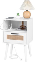 Labcosi Natural Rattan Nightstand, White Wooden Bedside Tables With Charging - $77.98