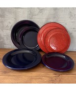 TRES Troqueles 9 Enamelware 10”/8.5&quot; Camping Plates Blue Speckled Red Metal - $34.32