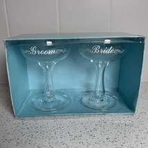 Vintage MCM Hollow Bulb Stem Bride Groom Champagne Coupes Wedding Toast Glasses - £23.61 GBP