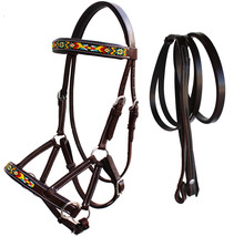 Horse Western Leather Tack Beaded Bitless Sidepull Bridle Reins Brown 77... - $58.99