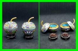 2 Unique Vintage Chinese Enameled Brass Cloisonne Cherry Trinket Box And Stands  - £31.37 GBP