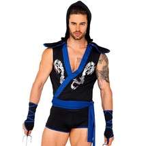 Ninja Warrior Costume Dragon Gi Tunic Gauntlets Wraps Sash Shorts Set Bl... - $59.49