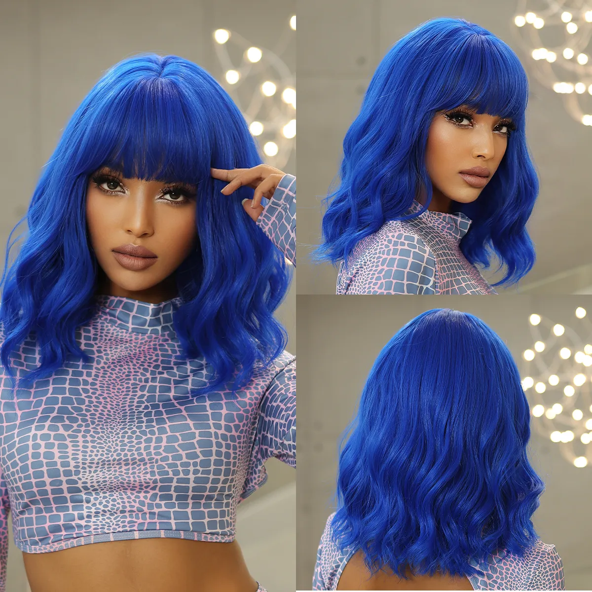 Blue Short Bob Cosplay Lolita Synthetic Wigs Water Wavy Hair Wig with Bangs f - £11.18 GBP+