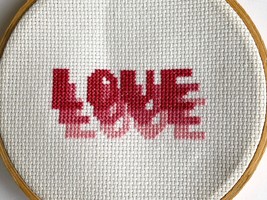 Vintage Hand Stitched &quot;LOVE&quot; Sampler in Round Wood Embroidery Hoop - $9.50