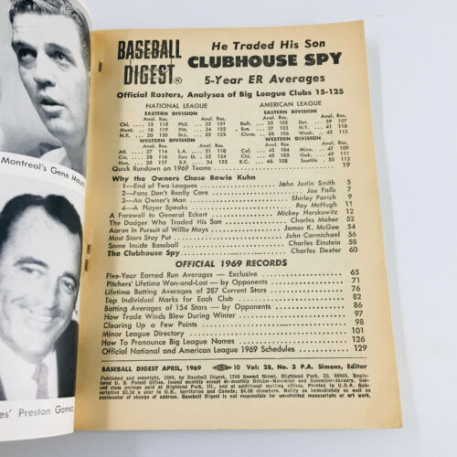 VTG Baseball Digest Magazine April 1969 Why Bowie Kuhn Four Views No Label Item image 2