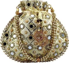 Women&#39;s Mirror Gotta Potli Embroidered Zari Design Potli Bag with Pearls &amp; Beads - £25.59 GBP