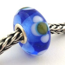 Authentic Trollbeads OOAK Murano Glass Unique Blue W/ Flower Bead Charm, New - $28.49