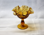 Vintage SIGNED FENTON Honey Gold Amber Crystal Hobnail Crimped Compote -... - $34.79