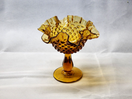 Vintage Signed Fenton Honey Gold Amber Crystal Hobnail Crimped Compote - Mint - £27.80 GBP
