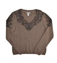 Kenar Lambs Wool Angora Blend Sweater Womens L V Neck Brown Floral Jumper - £18.67 GBP