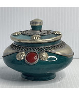 Vintage Moroccan Ceramic Trinket Jewelry Box Silver Plate Filigree Overlay - £24.72 GBP