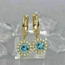 2Ct Round Simulated Blue Topaz Halo Drop/Dangle Earrings 14k Yellow Gold Plated - £48.59 GBP
