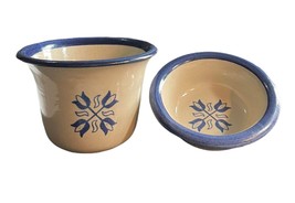 Brinker Pots Pottery Bowls Crock Cobalt Blue Tulips Flowers 1994 - £15.29 GBP
