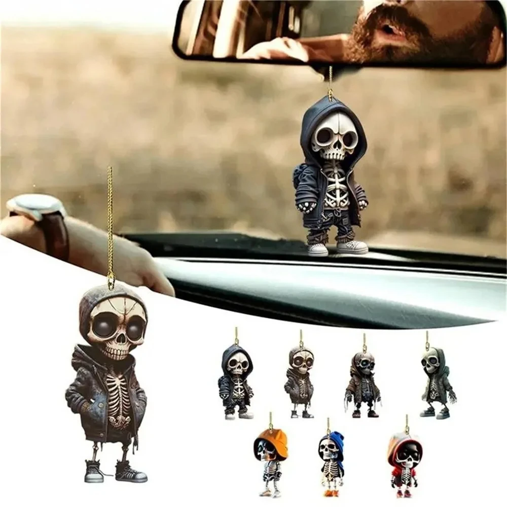 Car Ornament Acrylic Skeleton Figurines Car Rear View Mirror Swing Pendant - £10.57 GBP