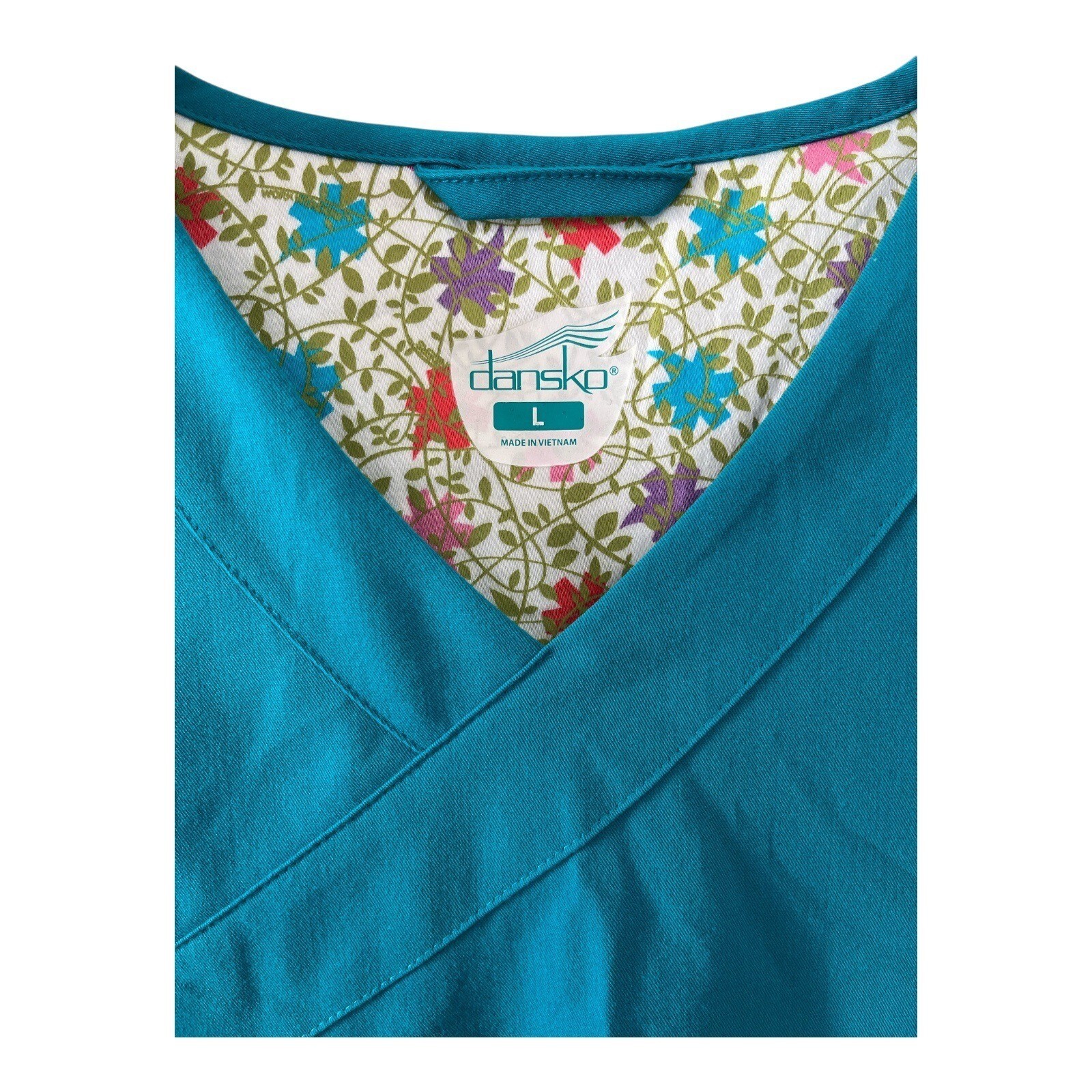 Dansko Women’s Size L Teal Scrub Top with Floral Trim Pockets Item image 2
