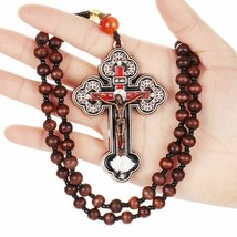 Orthodox Crucifix Pendant Necklace Wooden Rosary Beaded Chain Jesus Cross Gift - £11.81 GBP