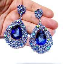 Bridesmaid Drop Earrings, Blue AB Chandelier Earrings, Rhinestone Austrian Cryst - £32.77 GBP