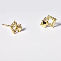 14K Gold Double Rhombus Stud Earrings -S925 Sterling Silver, tiny, sparkle - £28.09 GBP