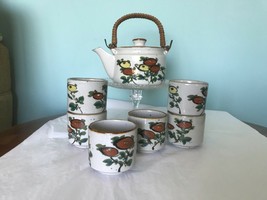 Vtg Japan mcm  Speckled Stoneware Teapot and 6 Cup Set Wicker Handle poppy eeuc - £27.63 GBP