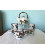 Vtg Japan mcm  Speckled Stoneware Teapot and 6 Cup Set Wicker Handle pop... - £27.26 GBP