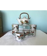 Vtg Japan mcm  Speckled Stoneware Teapot and 6 Cup Set Wicker Handle pop... - $658.58 MXN
