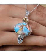 925 Sterling Silver Lab Created Oyster Copper Turquoise Gemstone Necklace - $47.70 CAD