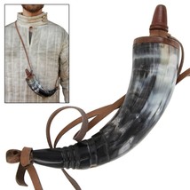 10&quot; Medieval Renaissance Gunpowder Natural Buffalo Horn With Leather Strap - $32.66