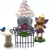 Miniature Resin Fairy Garden Set With Fairy, Angel Home, Fence, Birdbath - £21.84 GBP