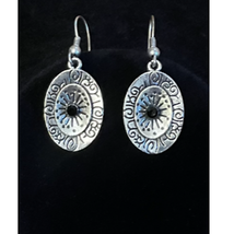 Vintage, Scroll &amp; Circle, Silver, Double Oval Black Onyx Center Dangle Earrings - £21.34 GBP