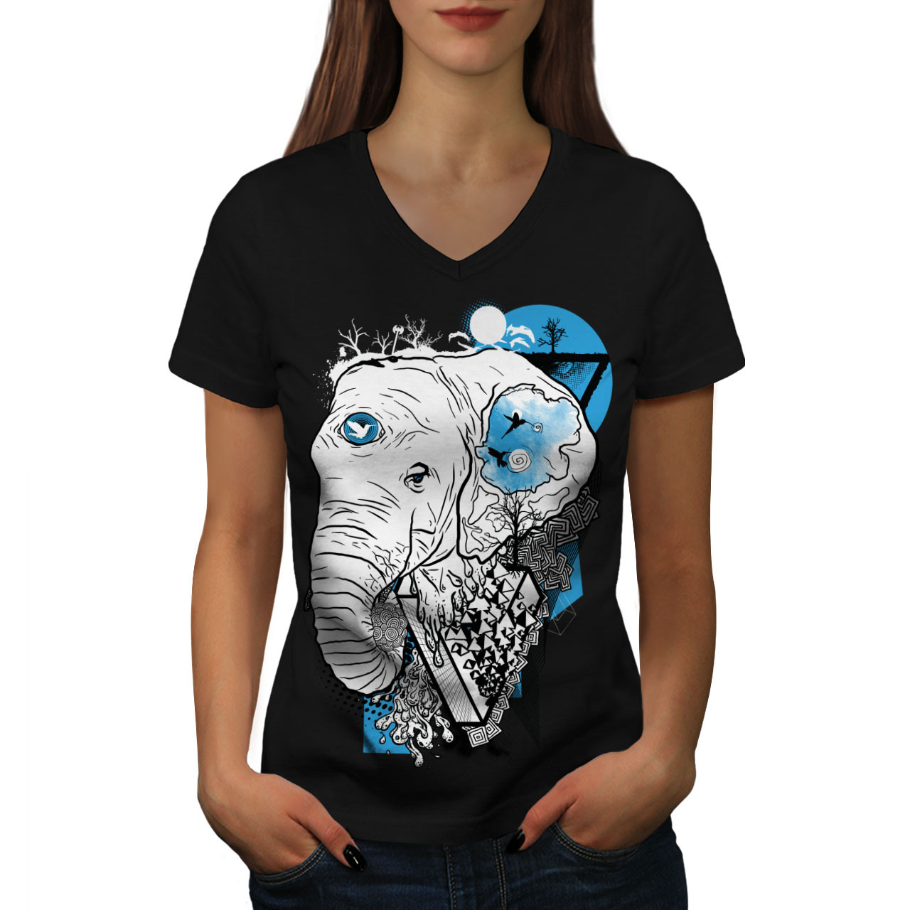 Elephant Wild Head Animal Shirt Wildlife Fun Women V-Neck T-shirt - $12.99