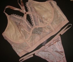 Victoria&#39;s Secret Unlined 34D,36C Bra Set Thong Ice Pink Beige Lace Embroidered - £54.50 GBP