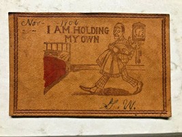Man Carrying BABY-I Am Holding My OWN~1906 Leather Postcard To Lima Ohio - £6.38 GBP