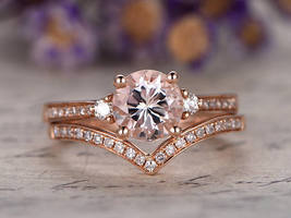 1.25Ct Round Morganite  14k Rose Gold Finish Bridal Wedding Engagement Ring Set - £65.78 GBP