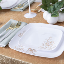 Golden Buds Square Plastic Combo Package 10&quot; Dinner &amp; 7&quot; Salad Plates 32ct. - £22.99 GBP