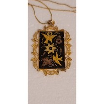 Vintage Damascene Pendant Necklace – Gold Birds &amp; Floral Design on Black... - $47.52