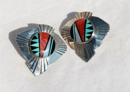 Native American Large Multi Stone Inlay Sterling Silver Earrings - £127.89 GBP