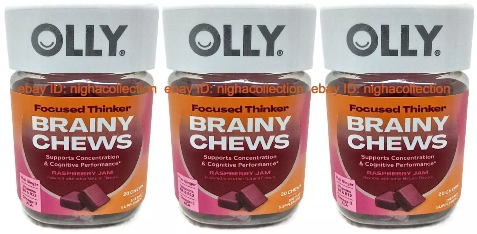 3 X Olly Focused Thinker Brainy Chews Raspberry Jam 20-ct In A Bottle Brand New - $33.65