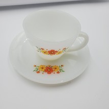 Fire King MCM Cup &amp; Saucer Milk Glass Yellow Orange Cosmos Flowers Cottagecore - $14.80