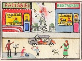 Paris Street Scene Painting Eiffel Tower Taxi Shops Patissier Restaurant - £34.45 GBP