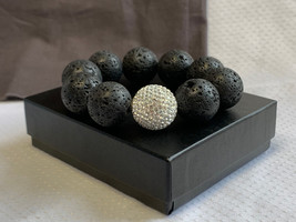 Lava Stone Stretch Bracelet 6&quot; Fashion Costume Jewelry Clear Stone Accent Round - £31.59 GBP