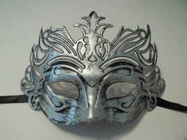 Pewter Antique Silver Venetian Laser Cut Mardi Gras Masquerade Half Mask Crown - £9.29 GBP
