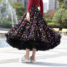 Black Layered Tulle Midi Skirt Floral Black Party SKirt Plus Size Holiday Skirts image 2
