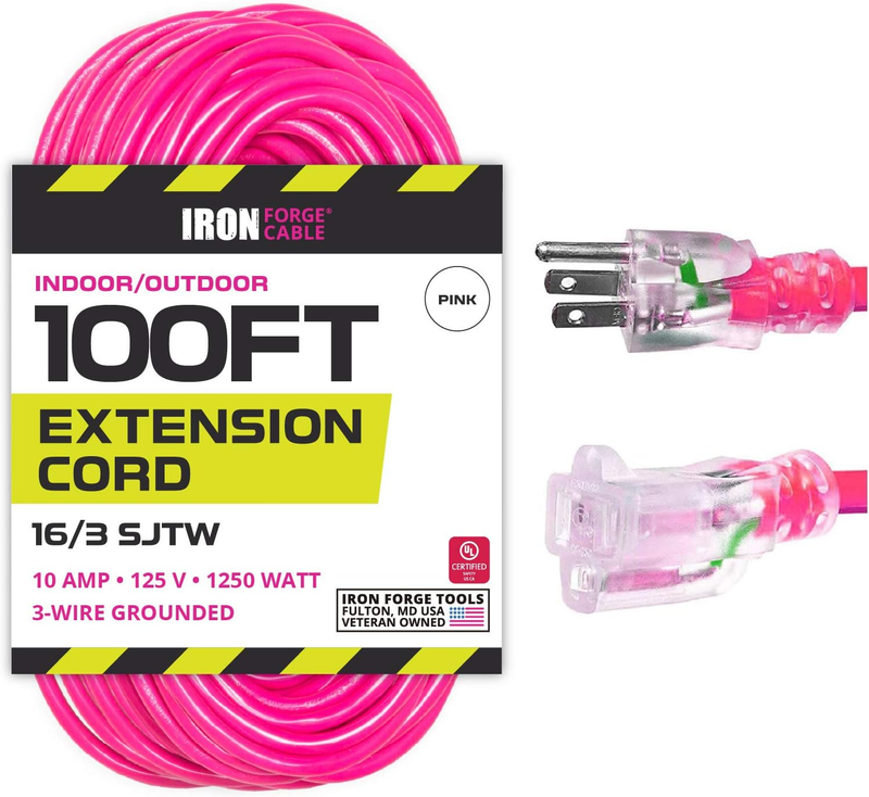 100 Ft Outdoor Extension Cord - 16/3 SJTW Durable Pink Cable with 3 Pron... - $133.64